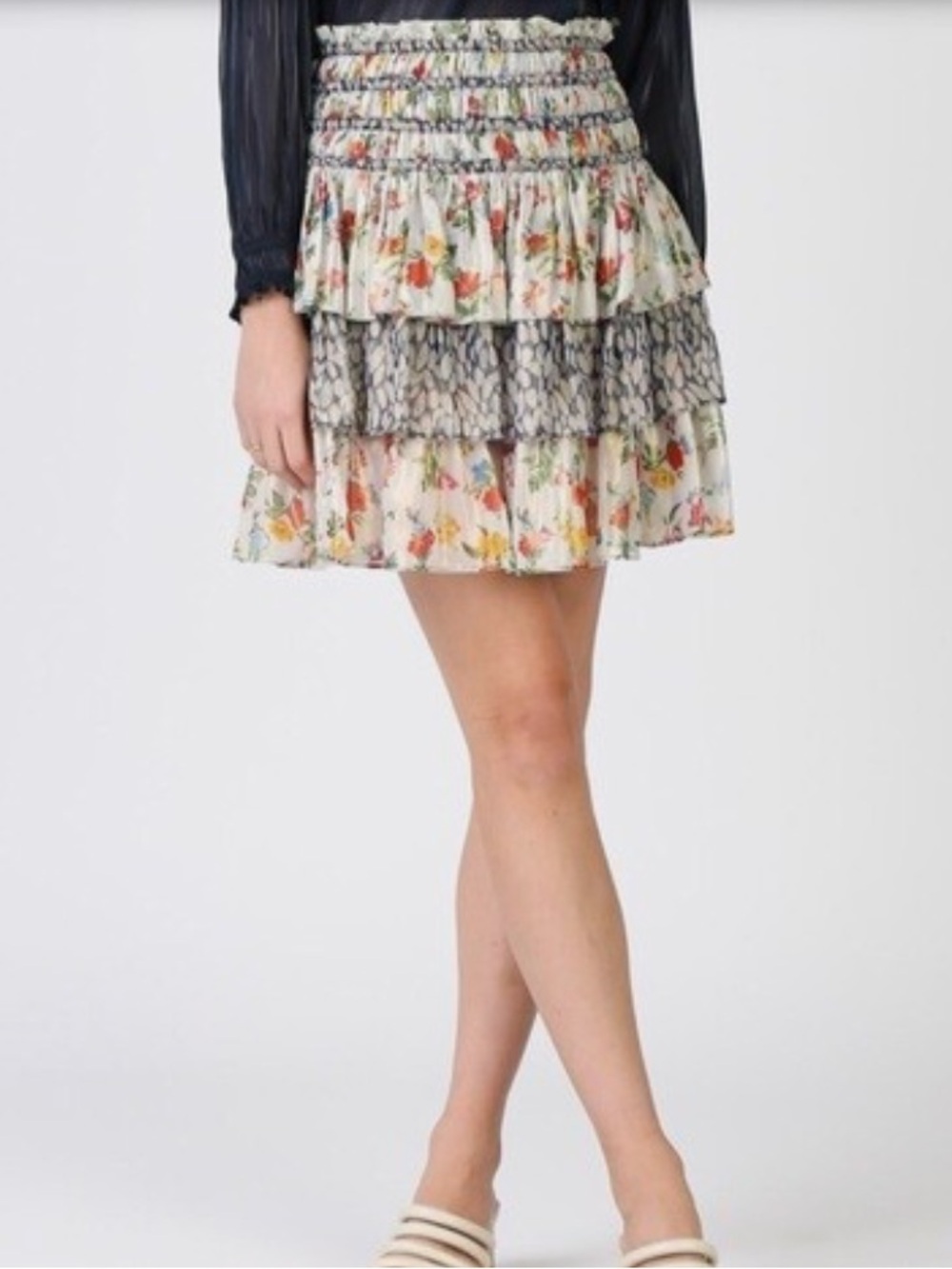 Current Air White Floral Mini Skirt with Navy Tiered Print